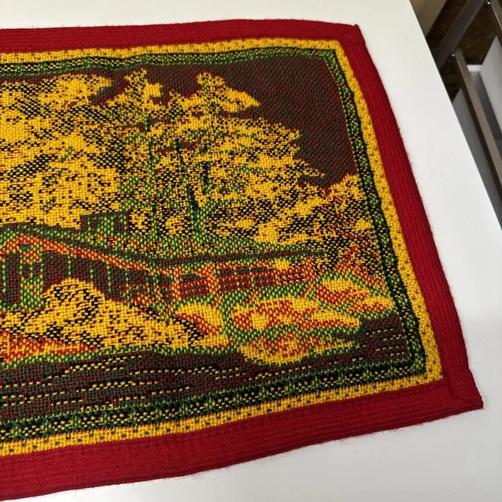 2 Vtg Cross Stitch Placemat Red Yellow Green House Trees Bushes Decor